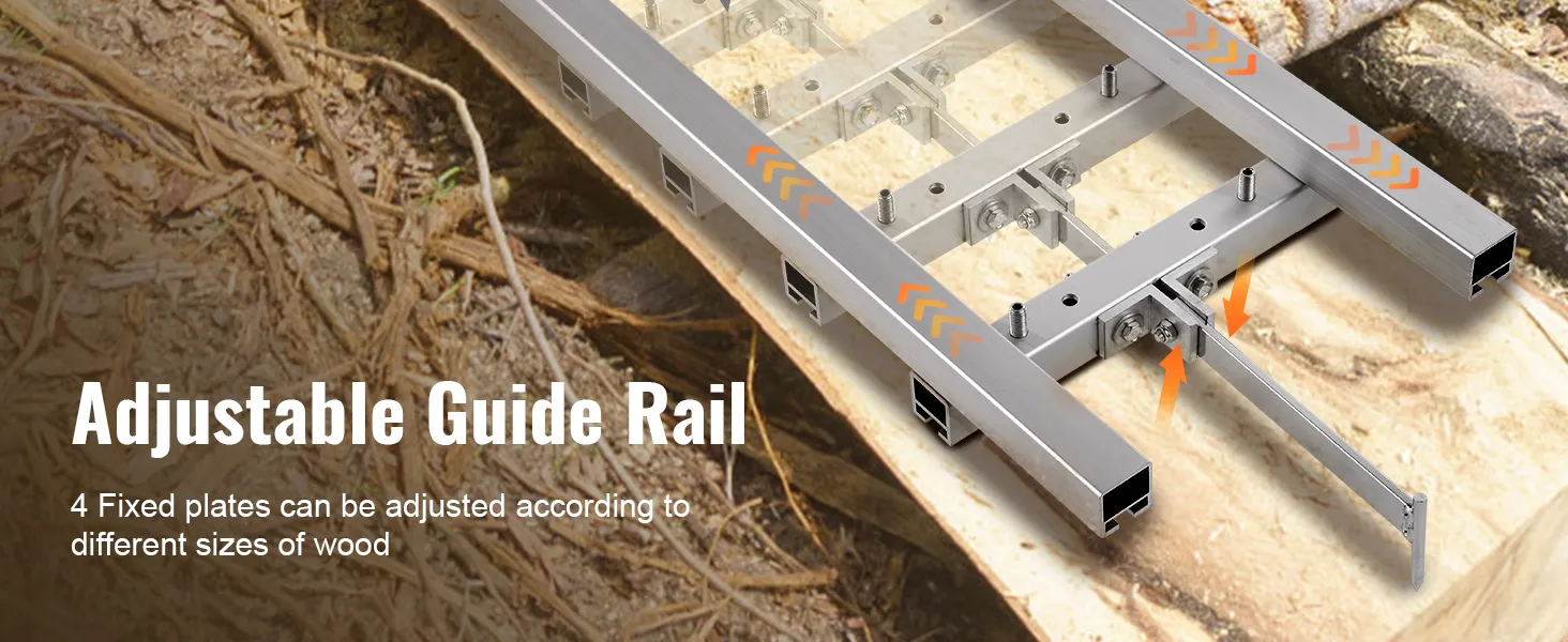 VEVOR rail mill guide system for adjustable wood cutting with 4 fixed plates on a wood log background.