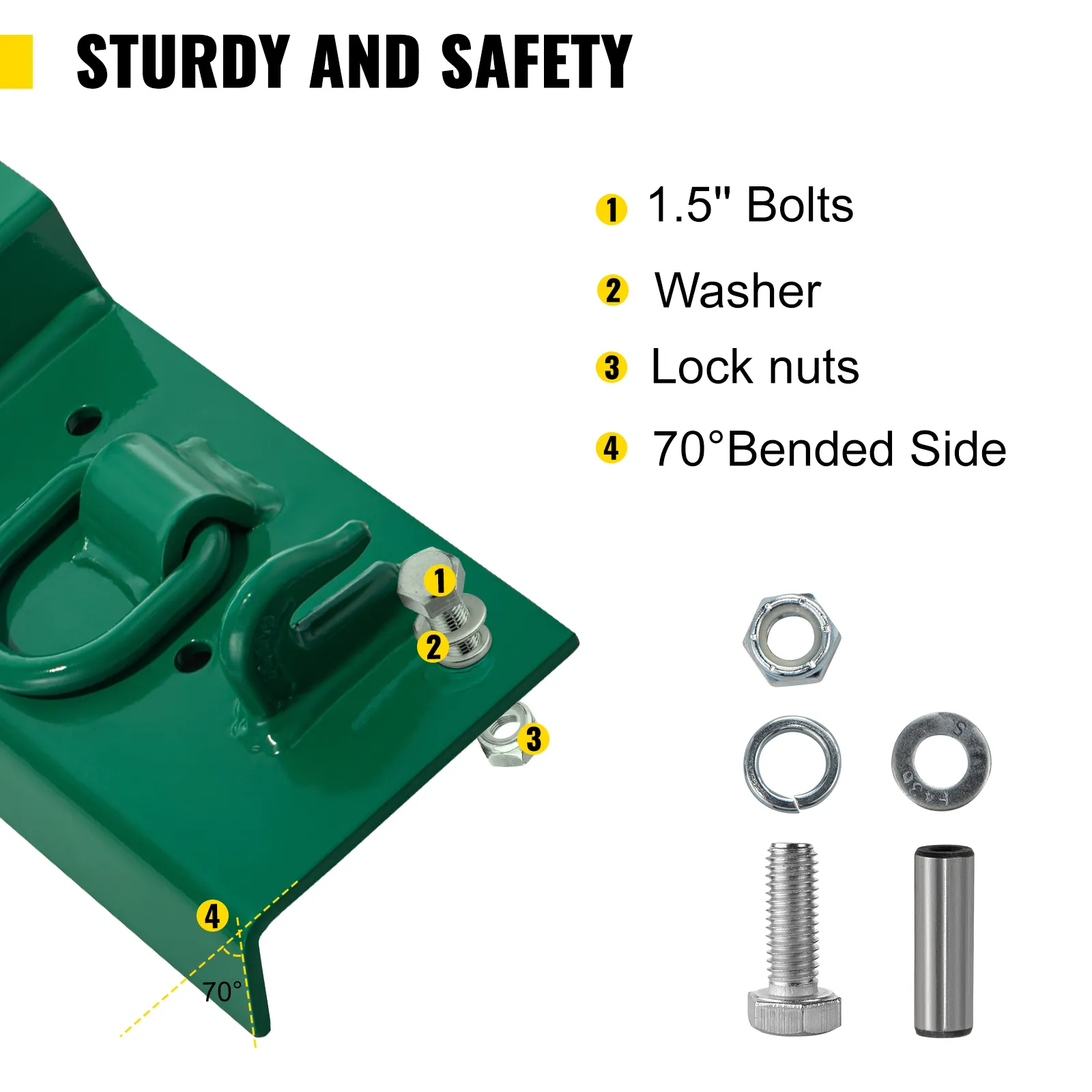 Ganchos para tractor VEVOR con pernos, tuercas de seguridad, arandelas y lado doblado a 70° para mayor seguridad.
