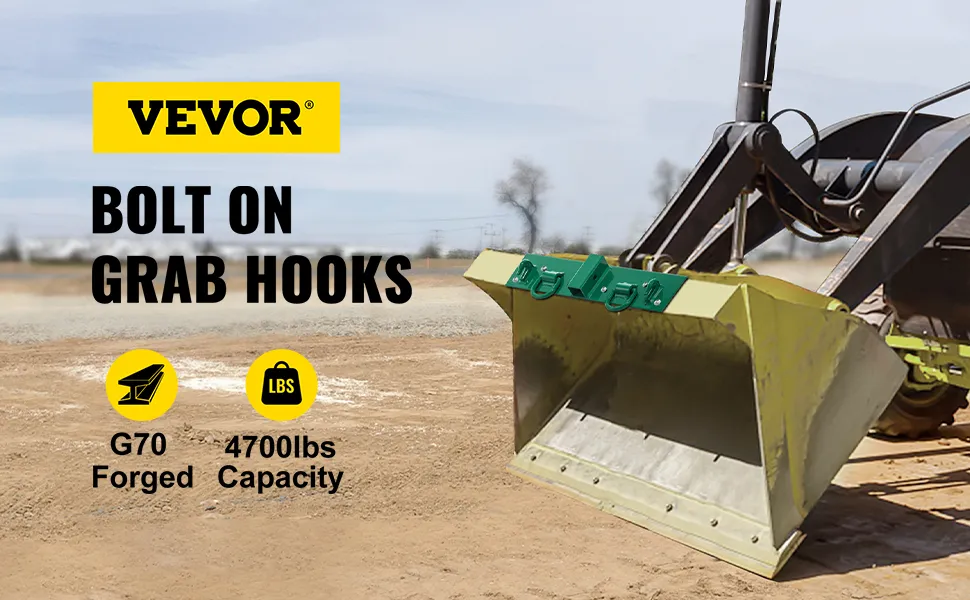 Ganchos para tractor VEVOR con forjado g70, capacidad de 4700 libras unidos al cucharón del cargador.