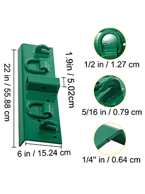 Ganchos para tractor VEVOR verdes, dimensiones: 22 x 6 pulgadas, primeros planos de las medidas del grosor del gancho.