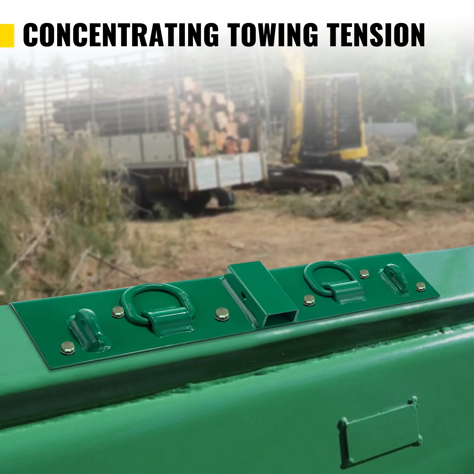 Ganchos de tractor VEVOR montados en equipo agrícola verde cerca de un camión maderero.