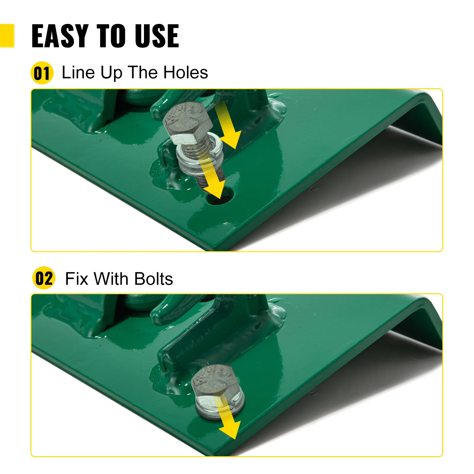 Pasos de instalación sencillos para ganchos de tractor VEVOR: alinear los orificios y asegurar con pernos.