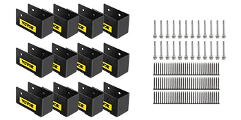 VEVOR verborgen balkbeugelset met beugels, schroeven en spijkers uitgelegd.