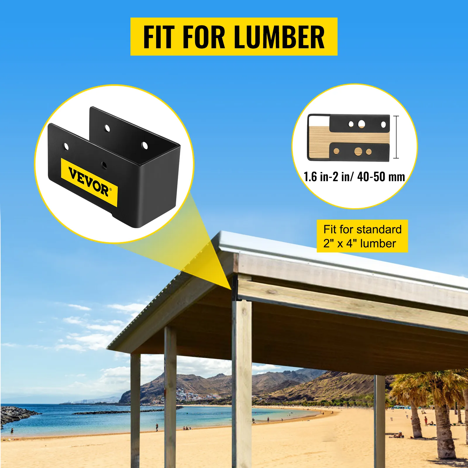 VEVOR verborgen balkhanger voor standaard 2" x 4" hout, strandachtergrond.