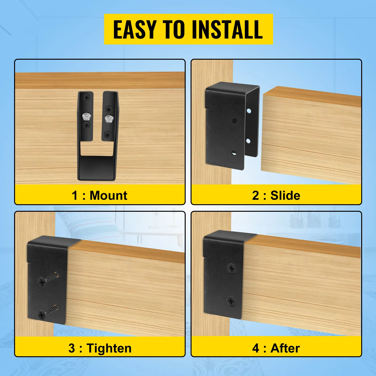 Eenvoudige installatiestappen voor VEVOR verborgen balkhanger: monteren, schuiven, vastdraaien, daarna.