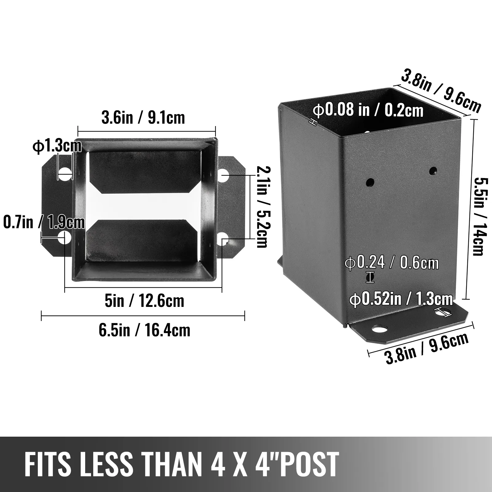 VEVOR deck post base dimensions and diagram with measurements for 4x4" post.