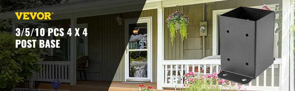 VEVOR deck post base in black metal shown on a porch background.