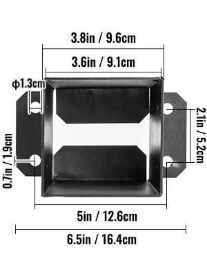 VEVOR deck post base with dimensions in inches and centimeters for installation.