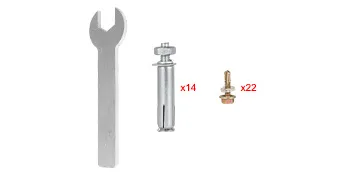 deck post base parts kit with wrench, bolt, and 22 screws for VEVOR deck post base.