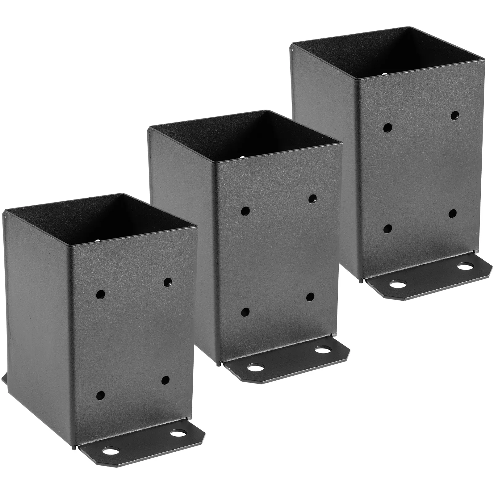 three black VEVOR deck post base brackets of different sizes aligned closely.