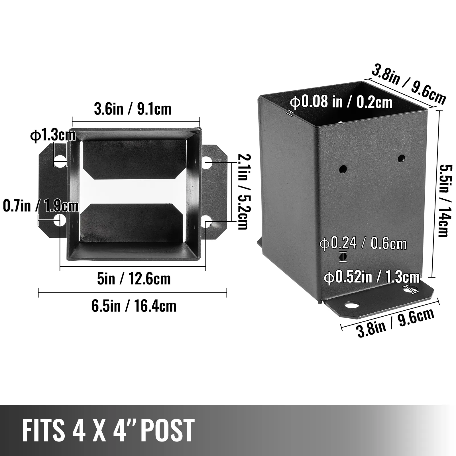 VEVOR deck post base dimensions detailed for 4 x 4 inch posts.