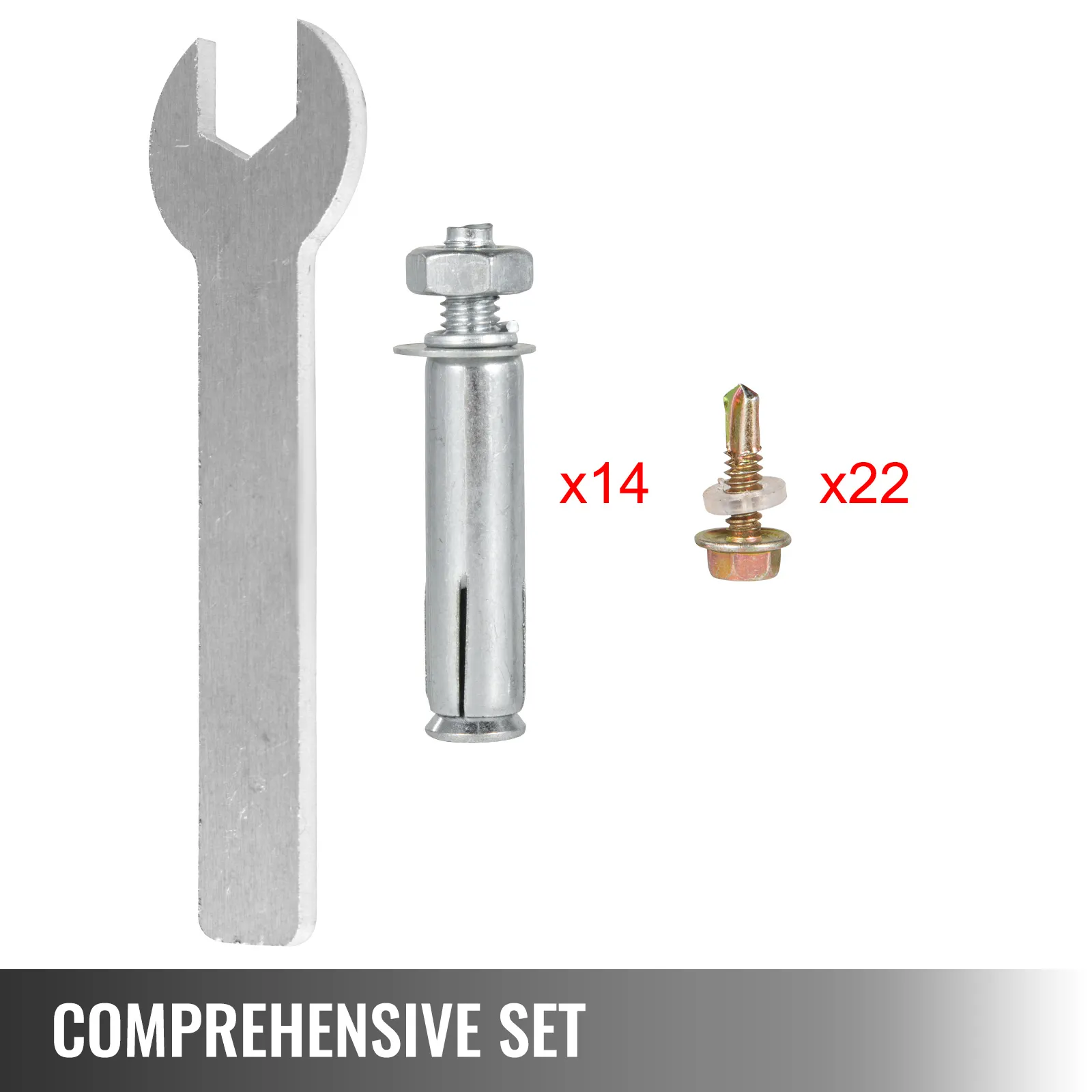 VEVOR deck post base components with wrench, bolts, and screws. comprehensive set.