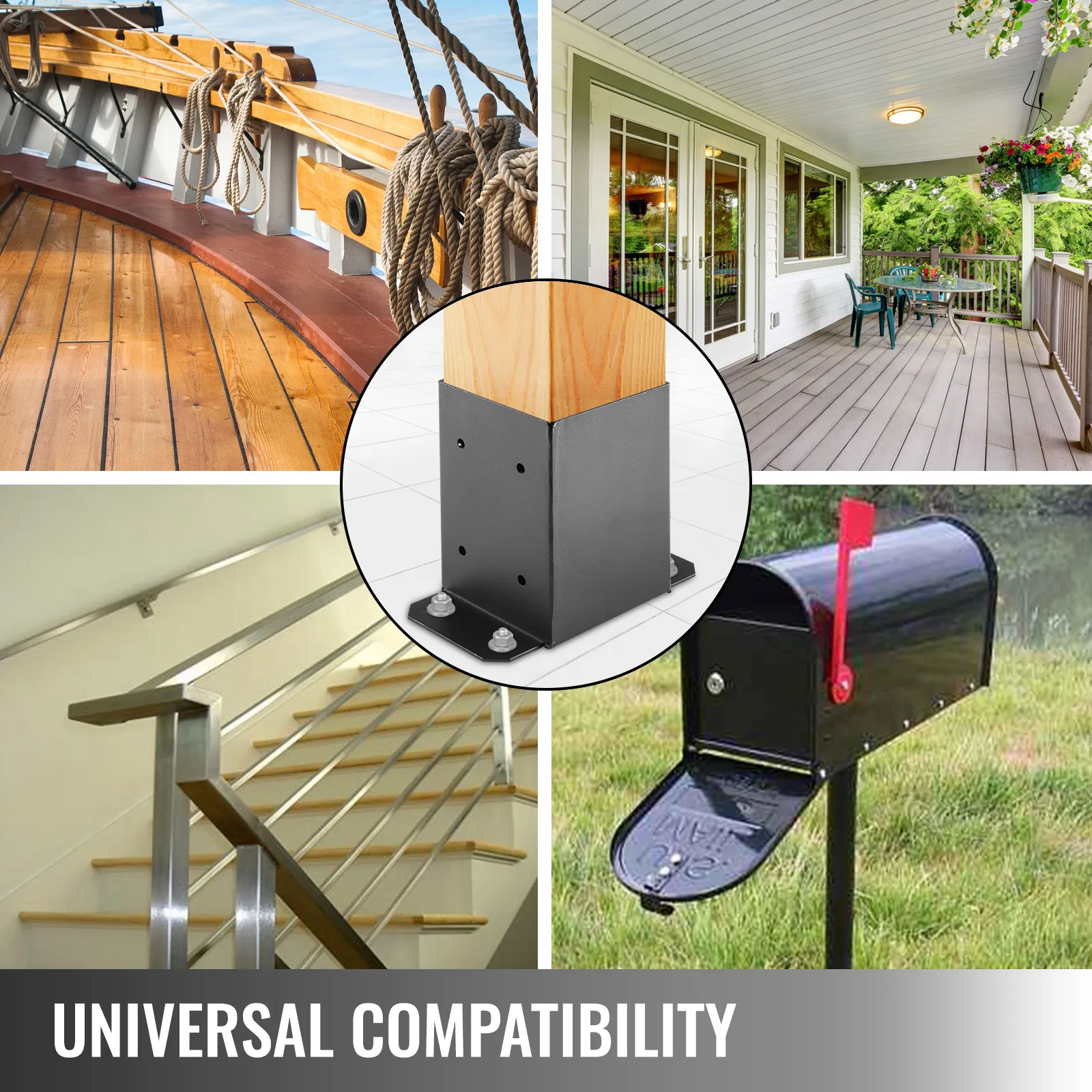 VEVOR deck post base with applications for decks, stairs, and mailboxes. universal compatibility.