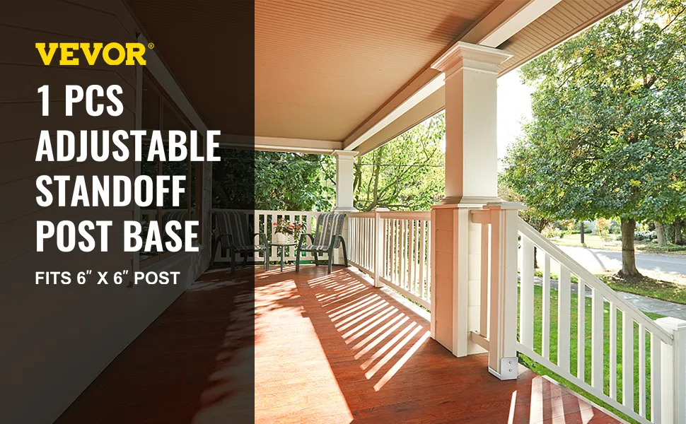 vibrant porch showcasing VEVOR standoff post base, fits 6" x 6", supporting sturdy pillars.
