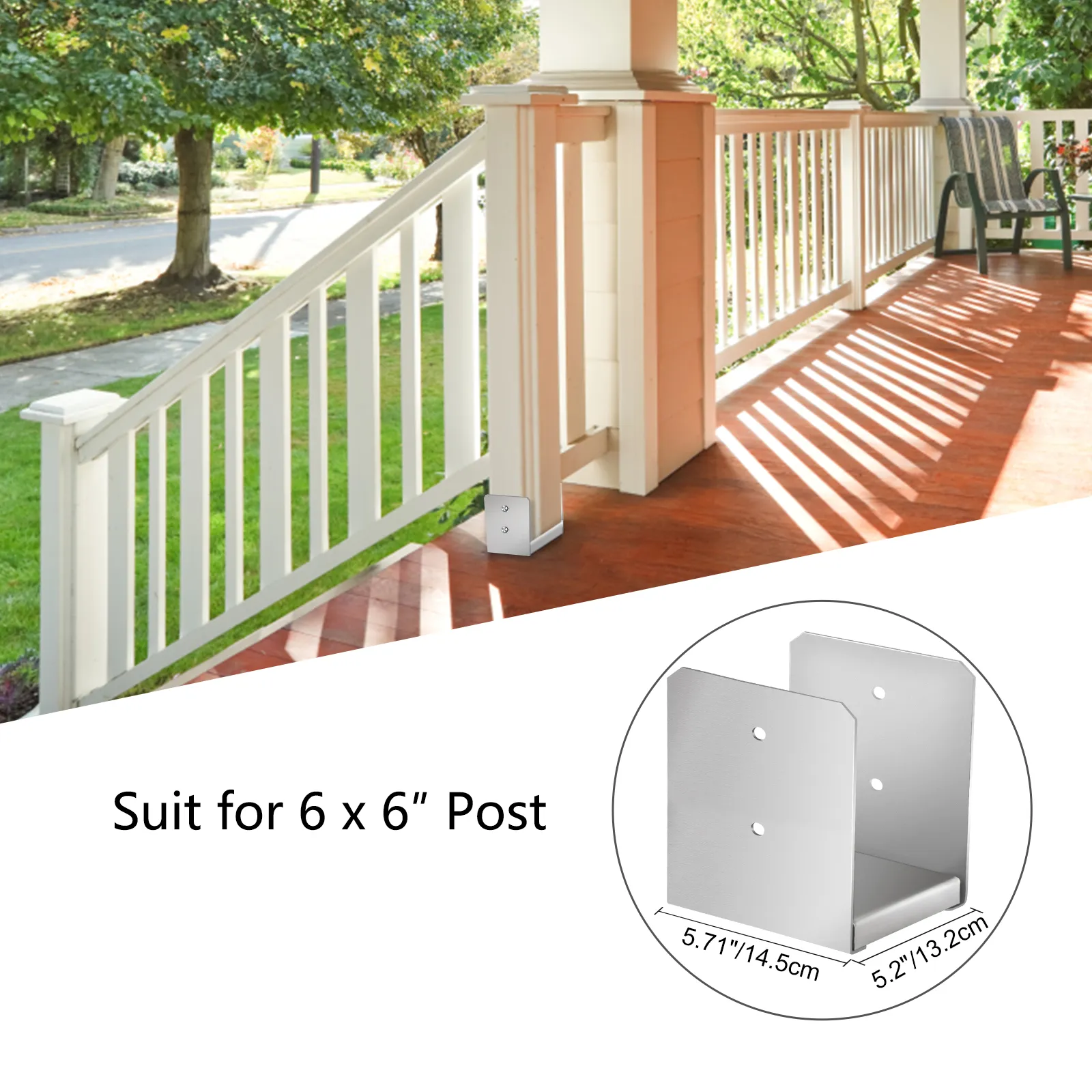 VEVOR standoff post base for 6x6 wooden porch posts with white railing on a sunny day.