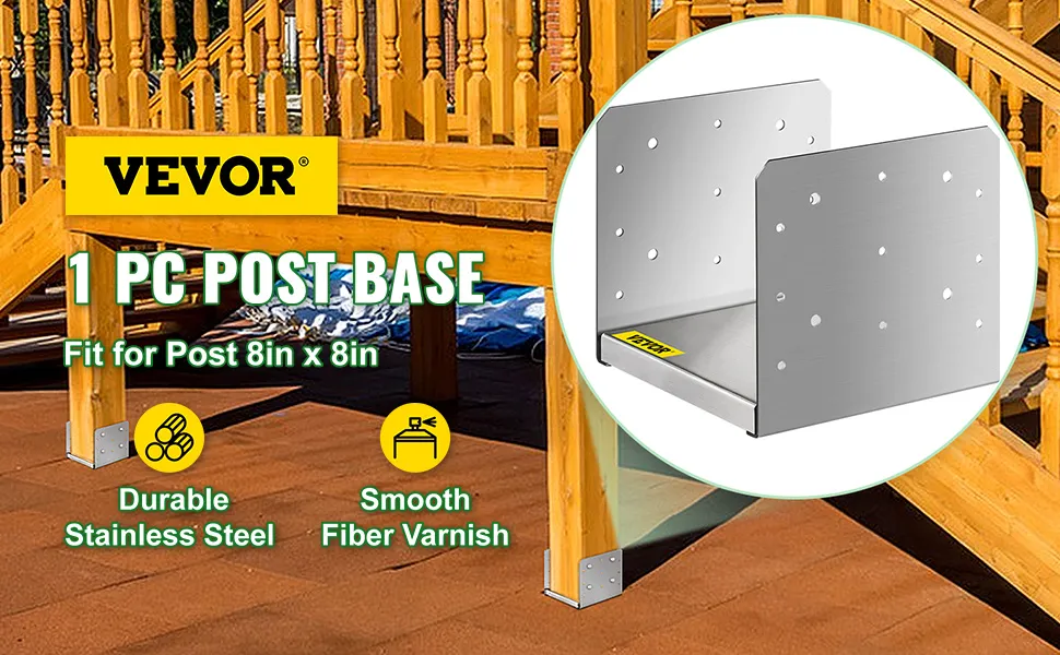 Base de poste ajustable VEVOR para postes de 8 pulgadas x 8 pulgadas, acero inoxidable duradero, barniz de fibra.