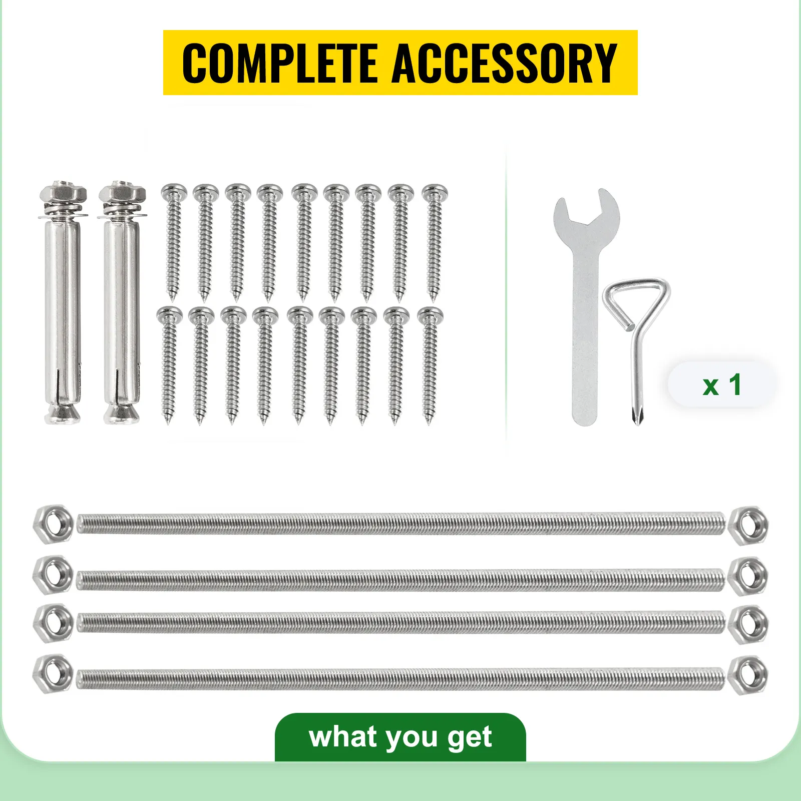 Juego completo de accesorios para base de poste ajustable VEVOR con tornillos, varillas y llave.