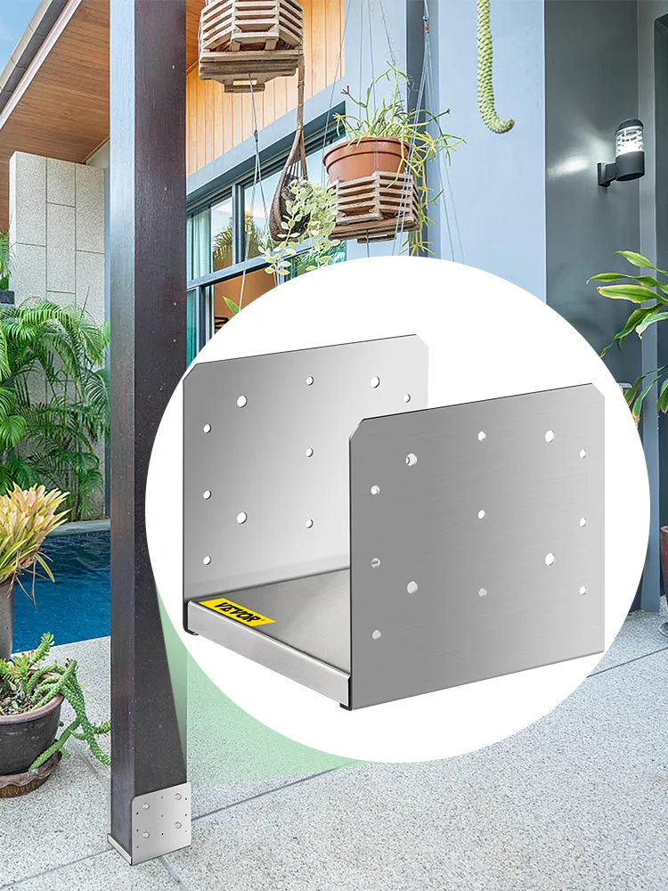 VEVOR adjustable post base securing outdoor post, with plants and modern decor in background.