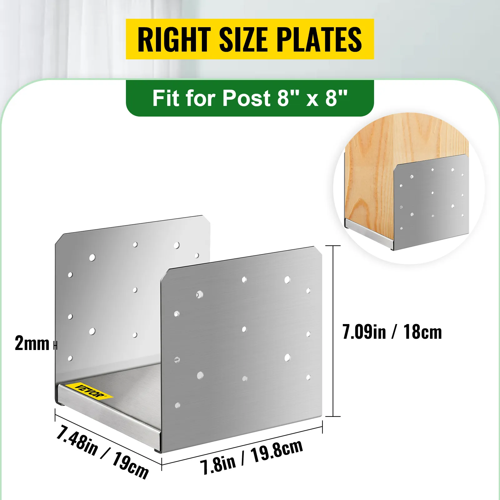VEVOR standoff post base, fits 8"x8", dimensions: 7.48"x7.8", 2mm thick.