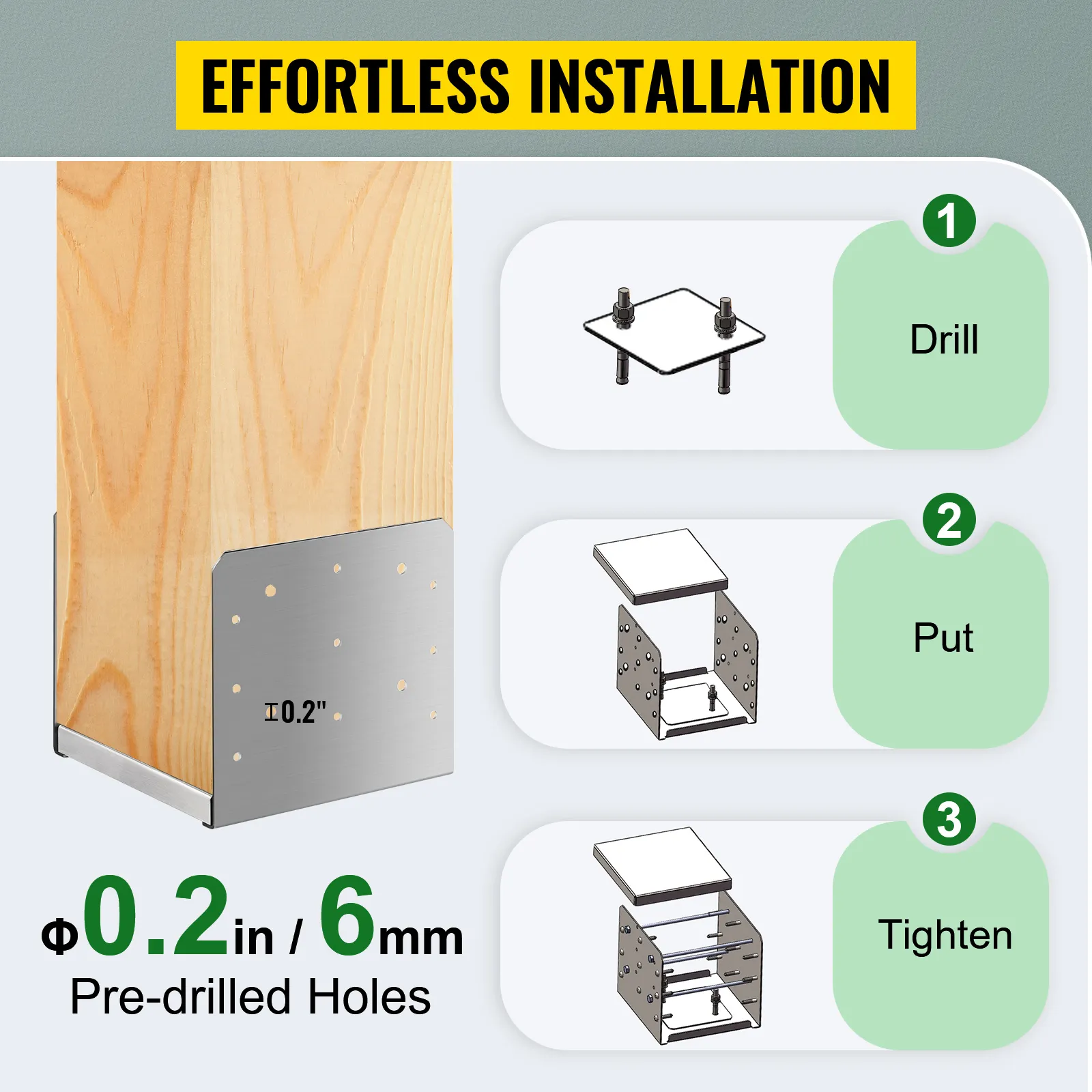 effortless installation steps for VEVOR standoff post base with pre-drilled holes.