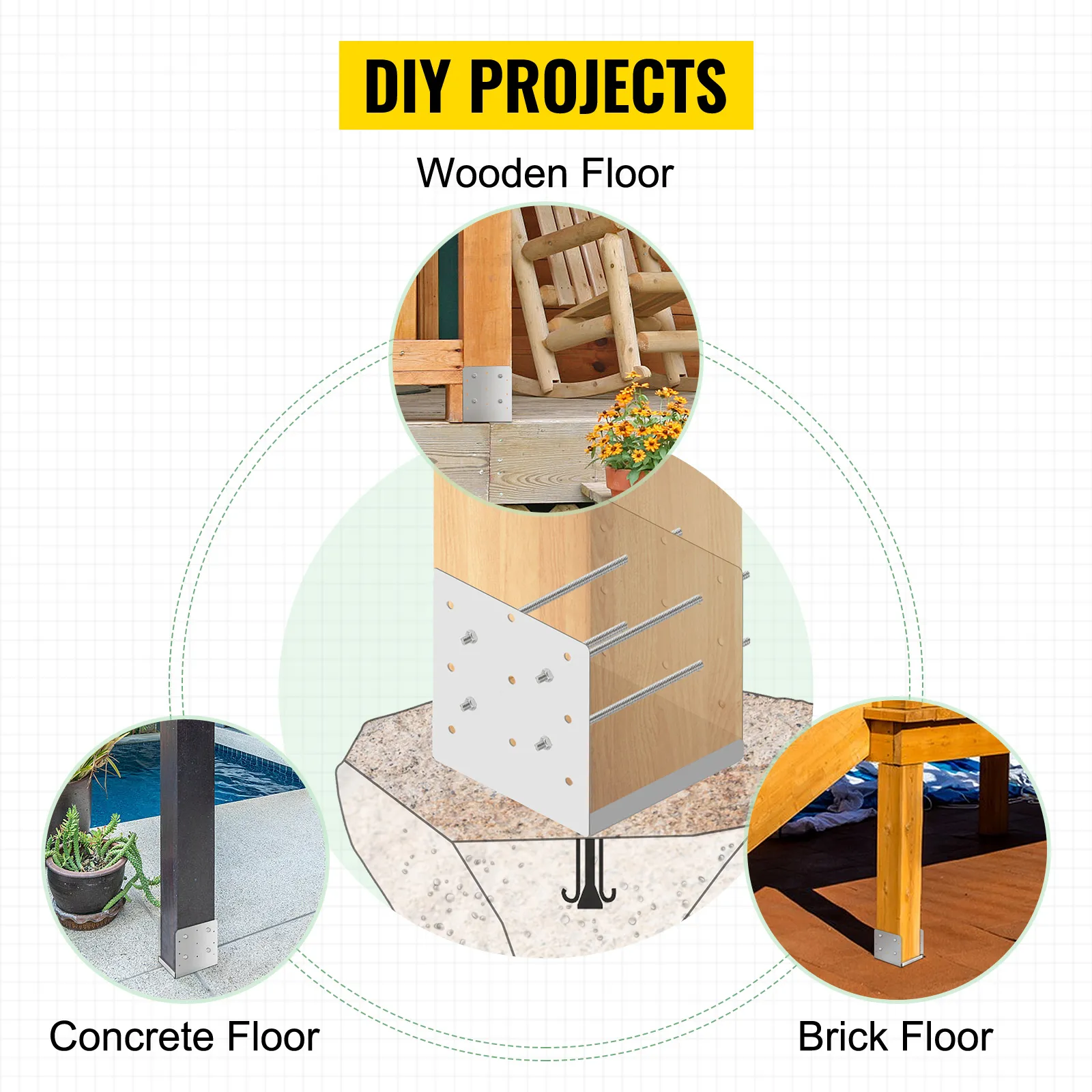 diy uses of VEVOR standoff post base for wooden, concrete, and brick floors.