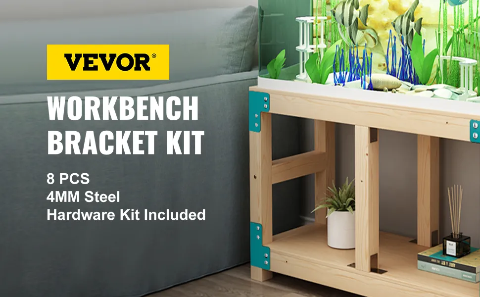 VEVOR workbench brackets with an aquarium on a wooden table, showcasing assembly.