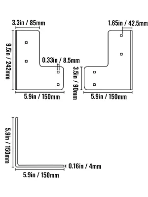 VEVOR workbench brackets dimensions, showing varying sizes and specifications.