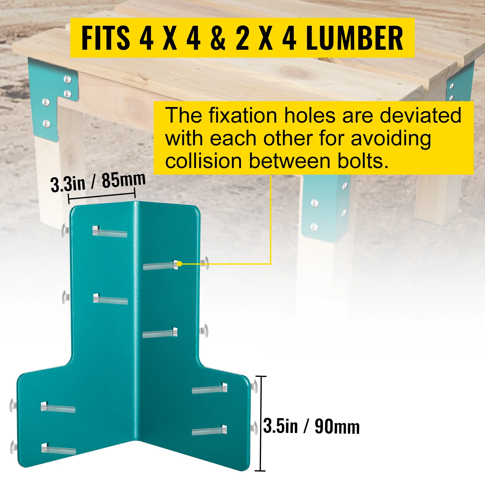 VEVOR workbench brackets with measurements and collision-free fixation holes.