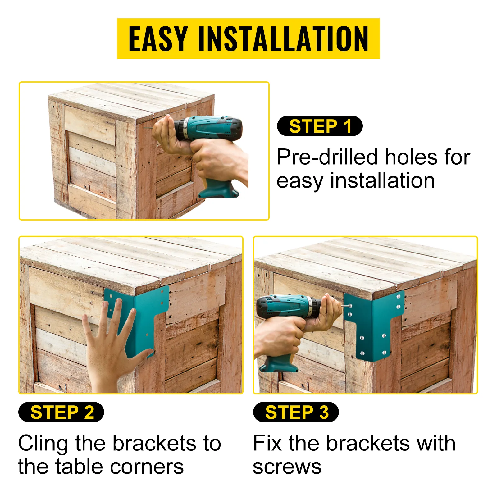 easy installation of VEVOR workbench brackets with pre-drilled holes and screws.