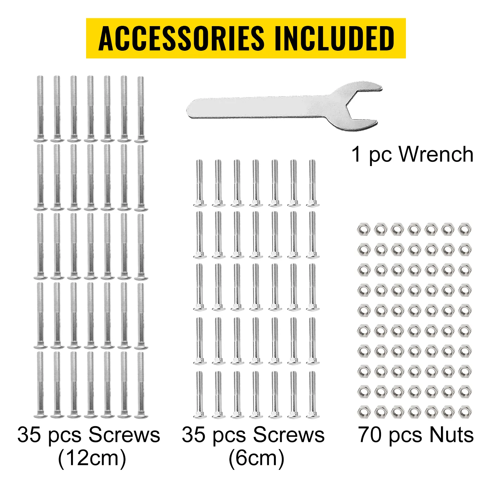 accessories for VEVOR workbench brackets: 35 pcs screws (12cm), 35 pcs screws (6cm), 70 pcs nuts, 1 pc wrench.