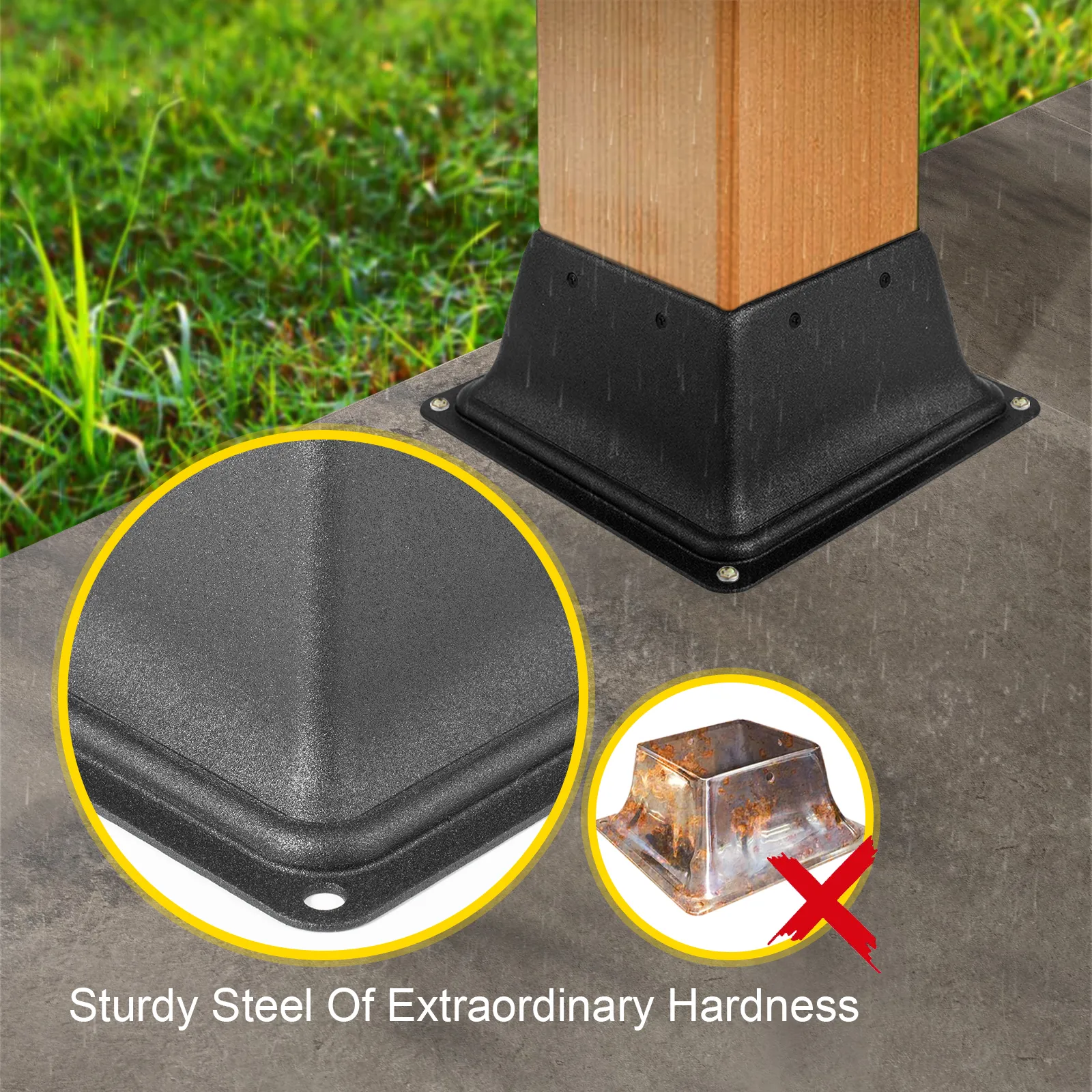 VEVOR deck post base with sturdy steel, installed on a concrete floor, with grass in the background.