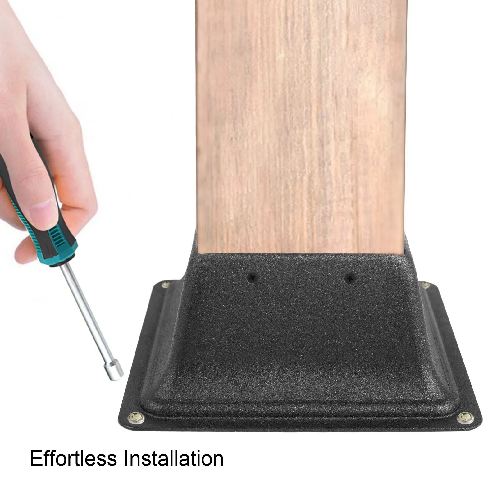 hand securing VEVOR deck post base with screwdriver for effortless installation.