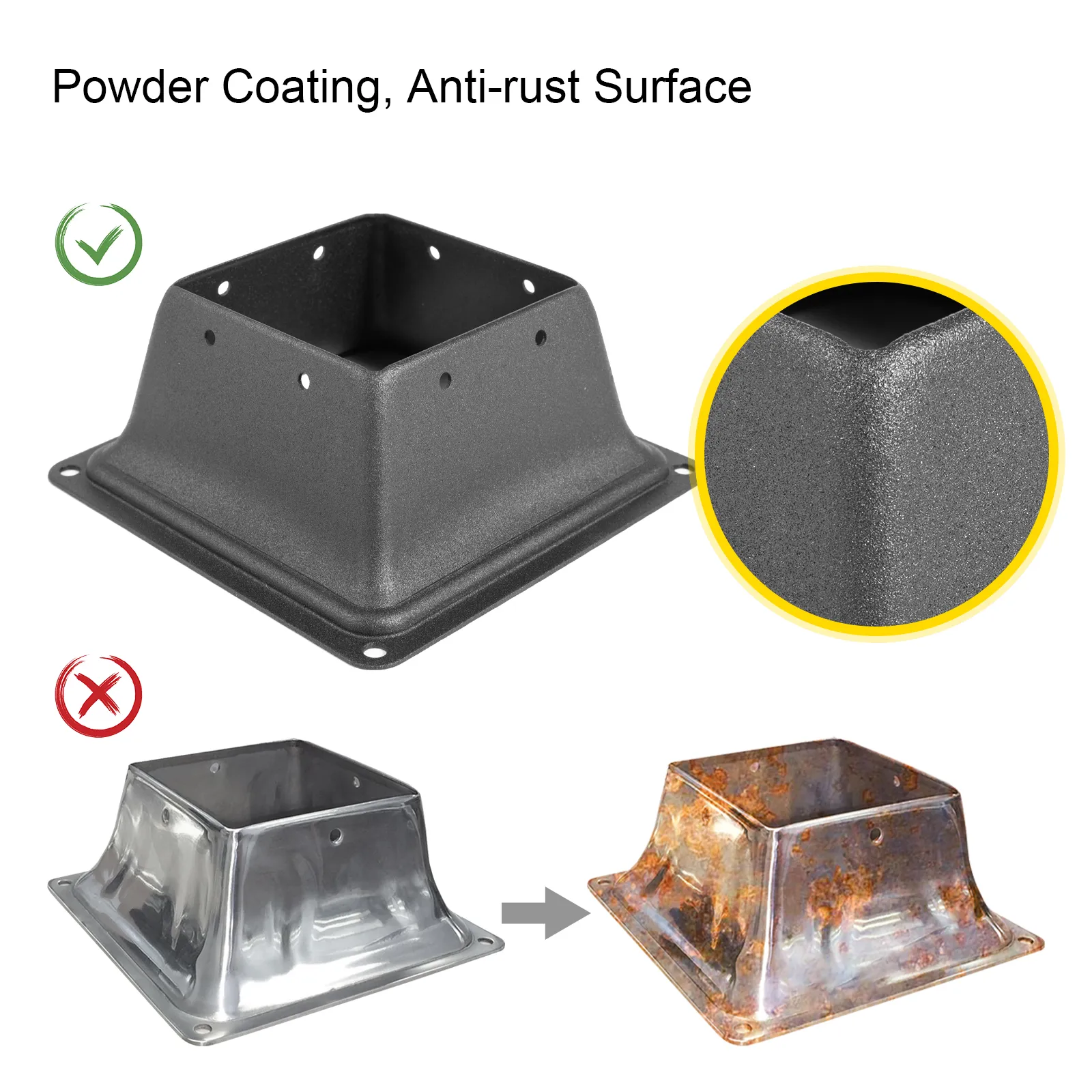 VEVOR deck post base with powder coating and anti-rust surface comparison.