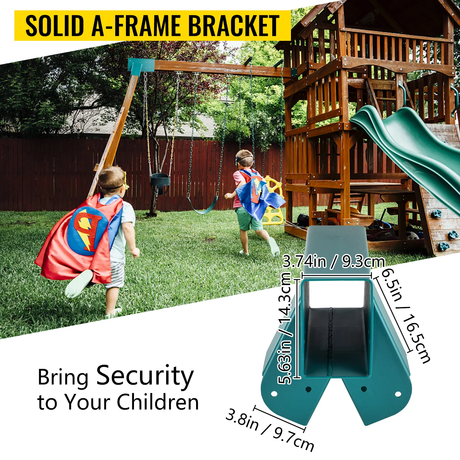 VEVOR swing set bracket: children playing in backyard with swing set and slide.
