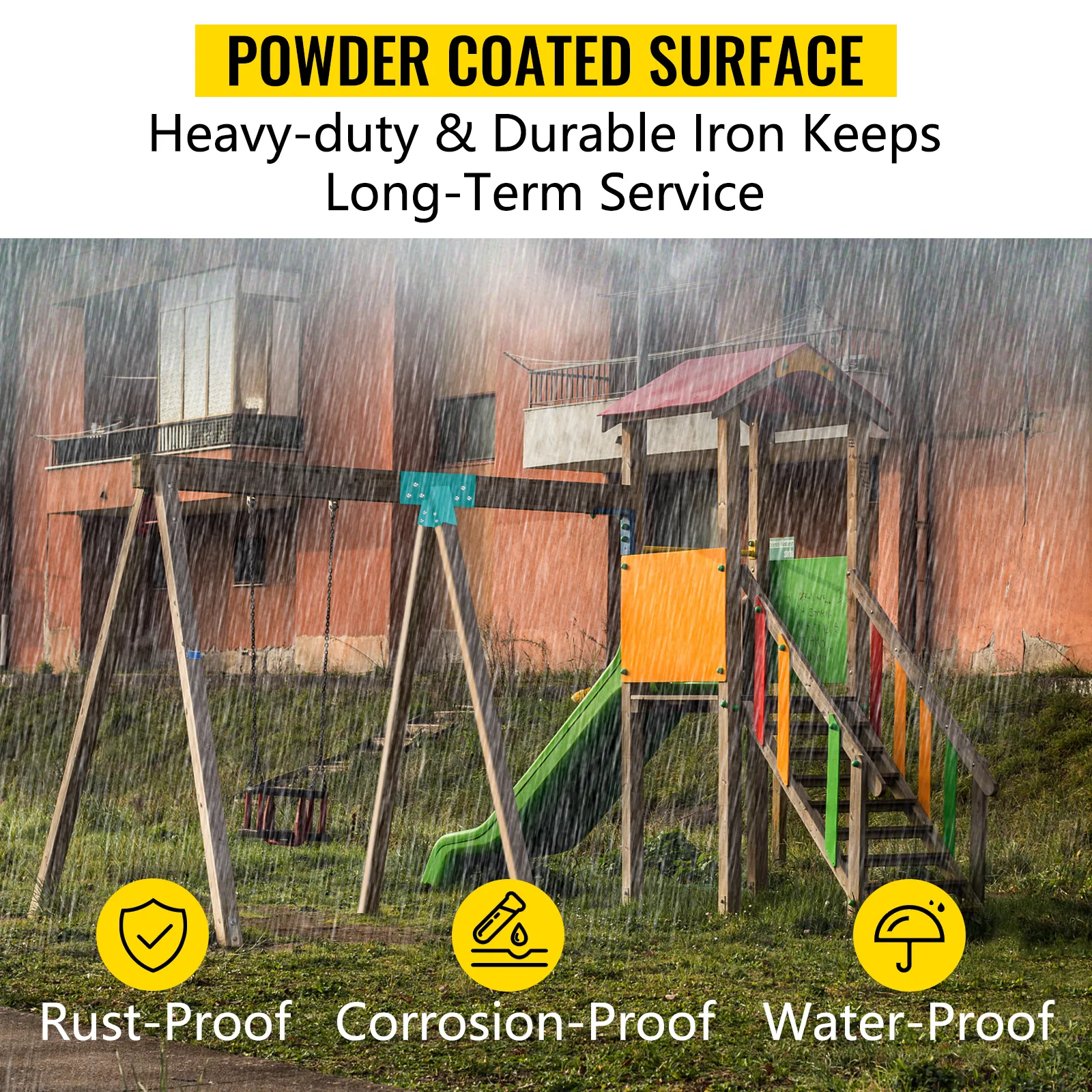 VEVOR swing set bracket in rain; rust-proof, corrosion-proof, water-proof features.