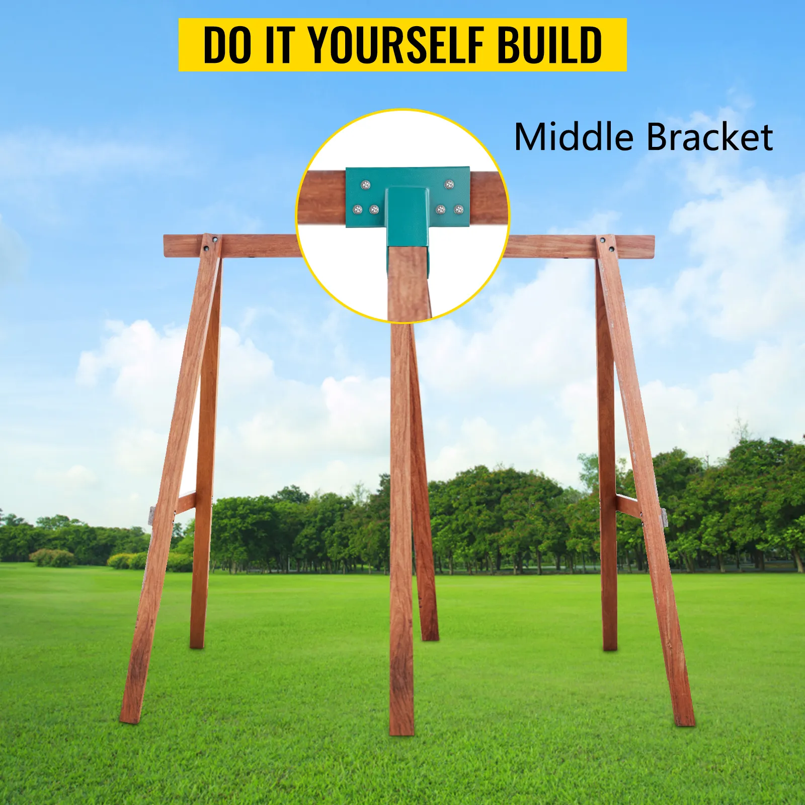 VEVOR swing set bracket for diy builds, shown with wooden frame in a green park.