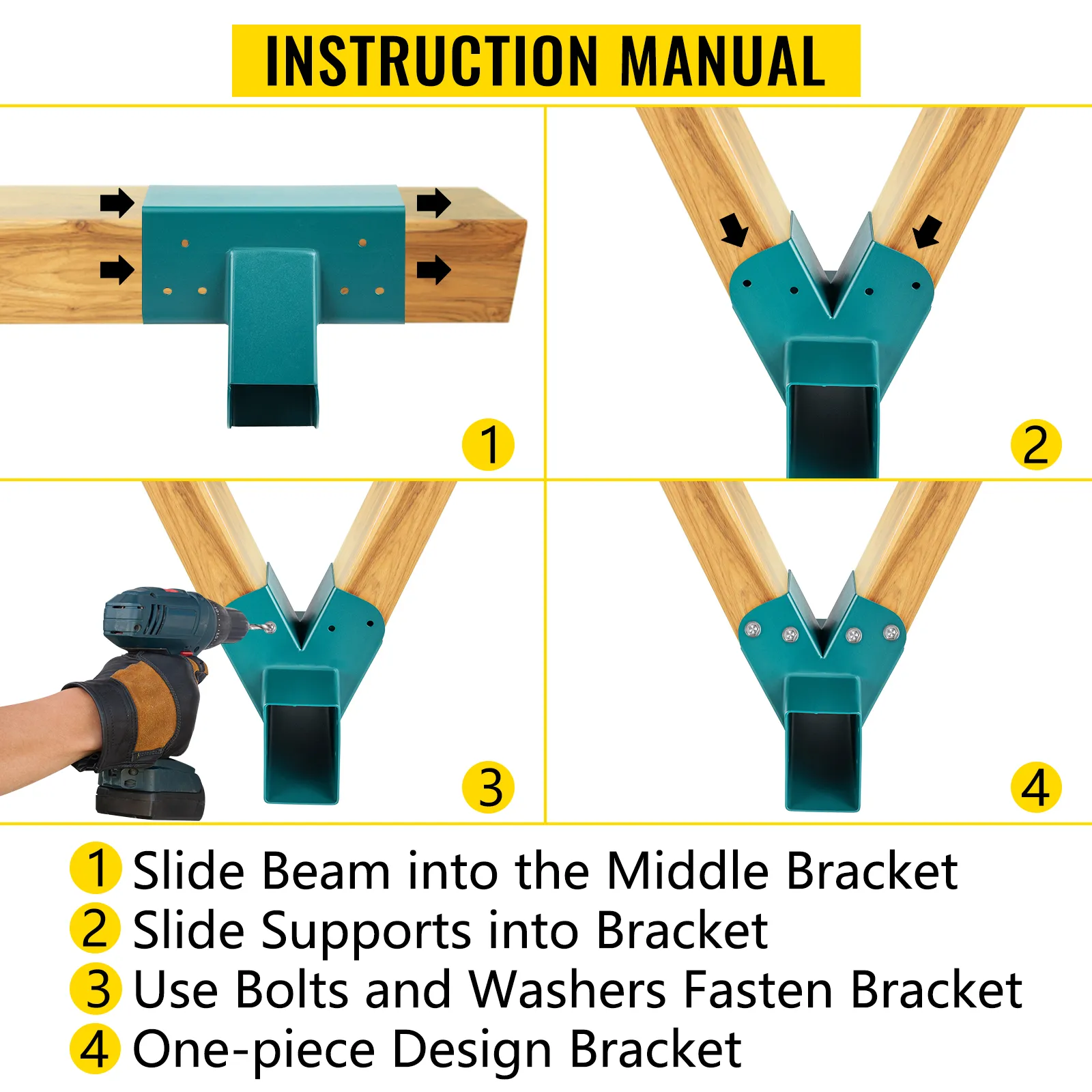 instruction manual for VEVOR swing set bracket assembly with step-by-step images.