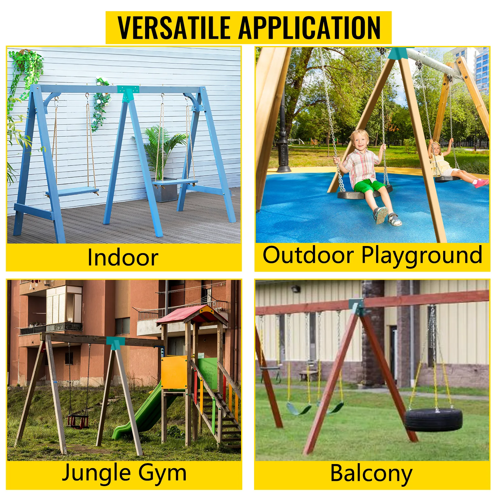 versatile applications of the VEVOR swing set bracket in indoor, playground, gym, and balcony.