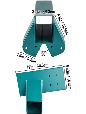green VEVOR swing set bracket with dimensions labeled in inches and centimeters.