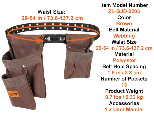 VEVOR-Werkzeuggürtel, braun, Polyester, 13 Taschen, verstellbare Taille 29-54 Zoll, Artikel zl-gjd-0203.