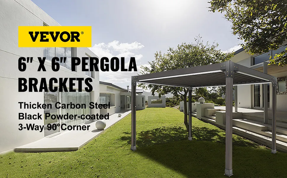 Kit de pérgola VEVOR en patio trasero moderno con soportes de acero y zona de estar con sombra.