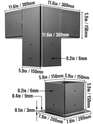 Conectores metálicos para kit de pérgola VEVOR con dimensiones mostradas.