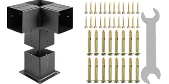 Componentes del kit de pérgola VEVOR que incluyen soportes, pernos y una llave.