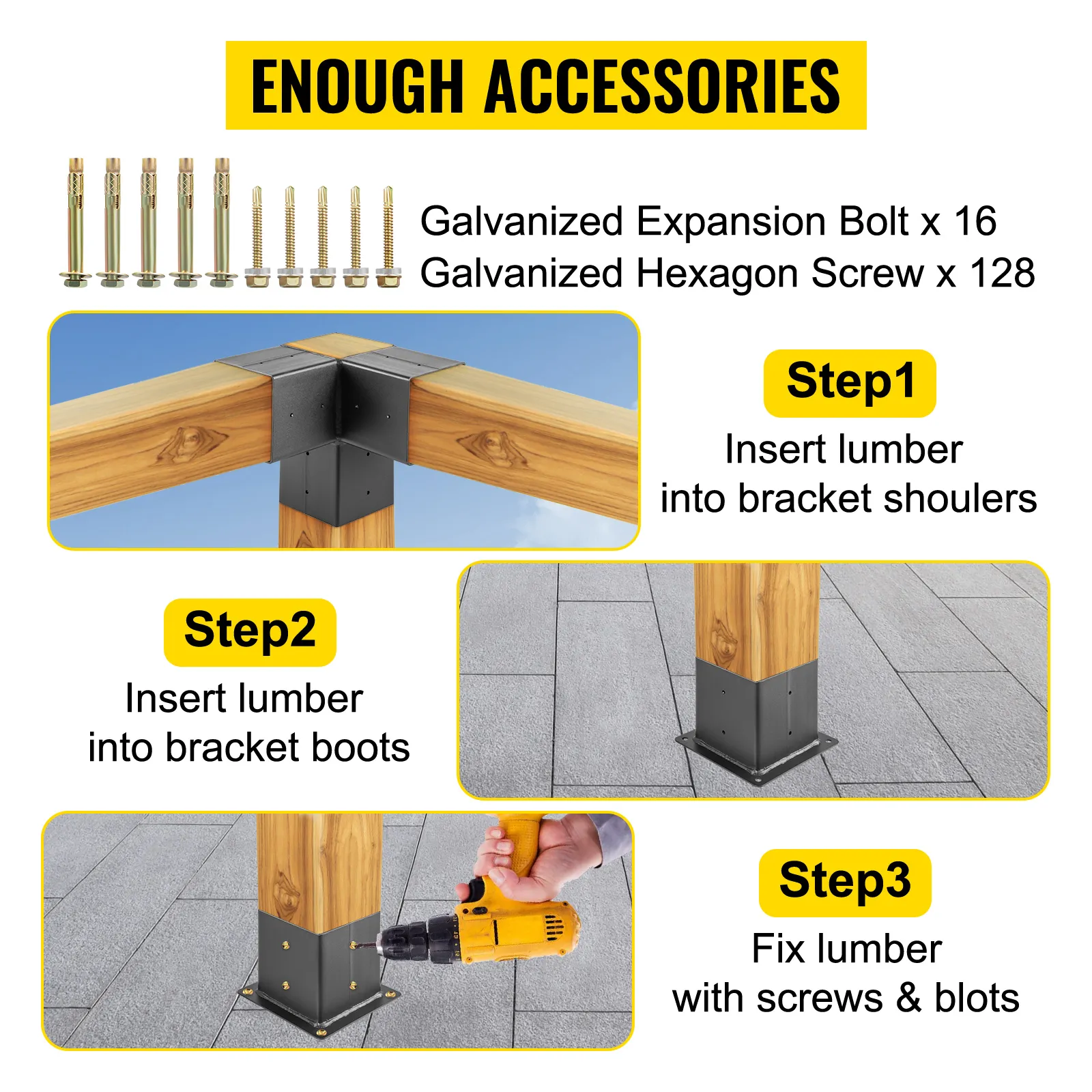 Pasos de instalación del kit de pérgola VEVOR con pernos, tornillos y soportes de fijación.