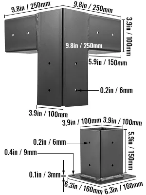 Kit per pergolato in legno VEVOR con staffe metalliche con misure dettagliate in pollici e mm.