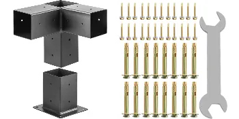 Kit per pergolato in legno VEVOR: staffe metalliche, bulloni di ancoraggio e chiave inglese.