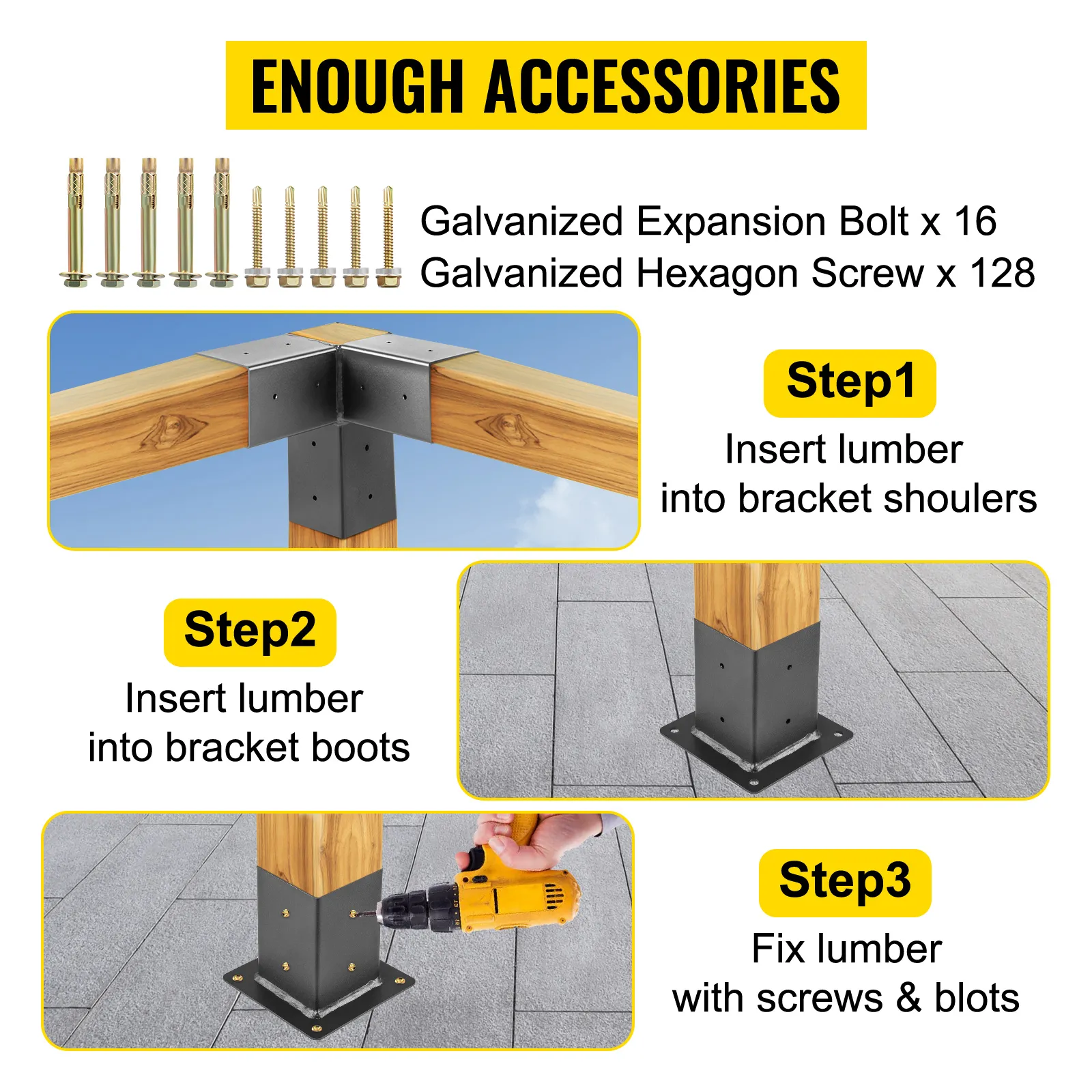 Kit per pergolato in legno VEVOR con viti e bulloni zincati, guida passo passo.