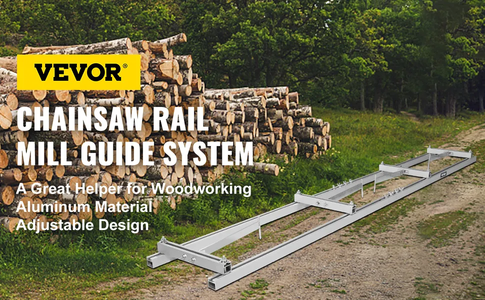 VEVOR rail mill guide system, aluminum, adjustable guide against stacked logs in a forest.