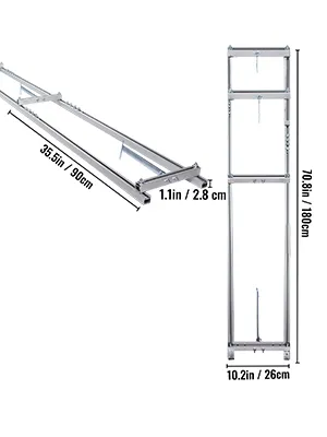 VEVOR rail mill guide system, 70.8in height, 10.2in width, 35.5in length.