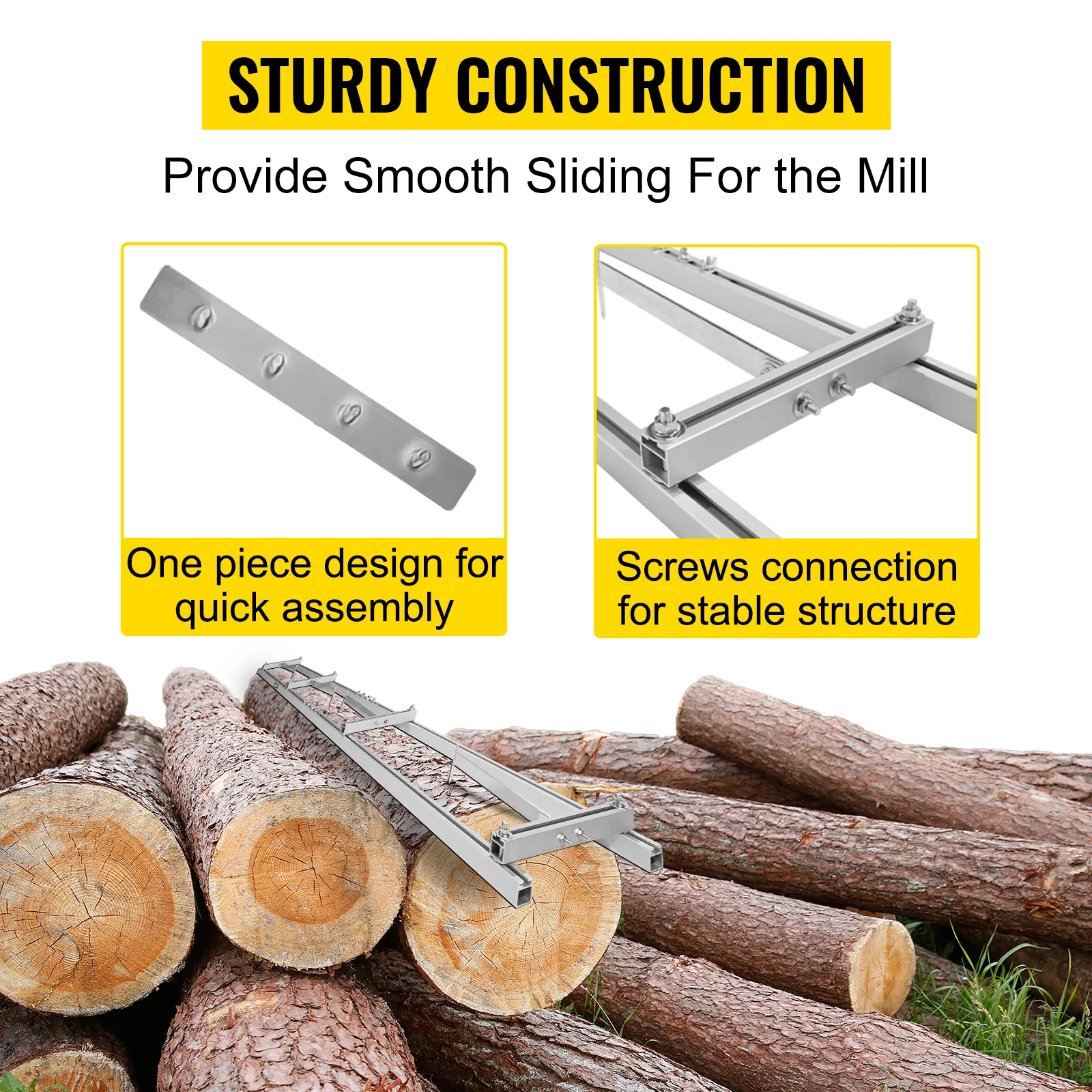 VEVOR rail mill guide system for sturdy construction and smooth sliding on logs.